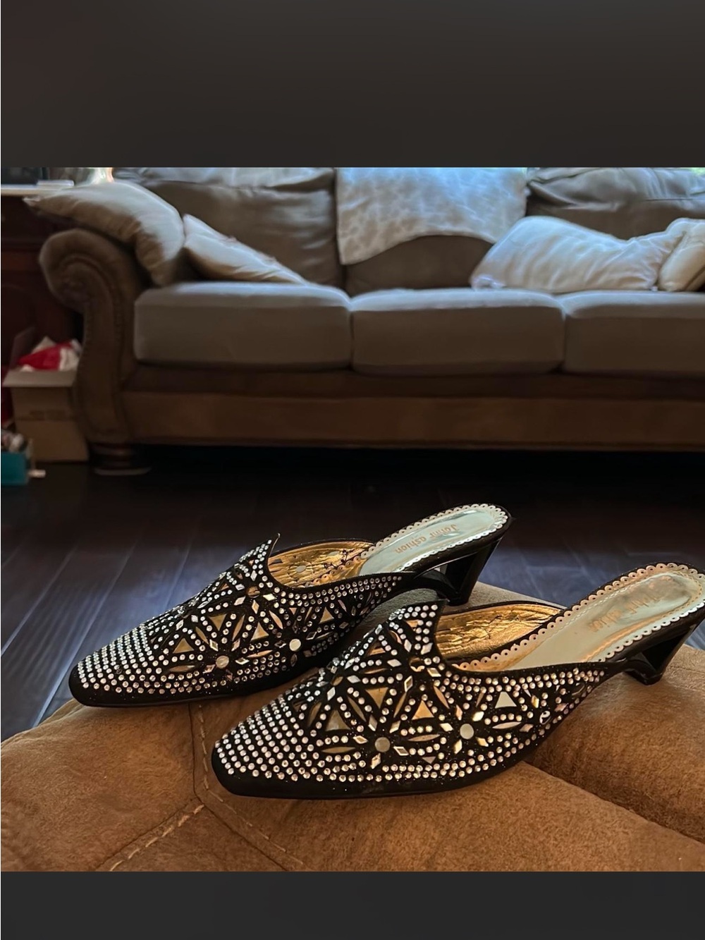 Embellished Black Mule Heels with Crystal Accents
